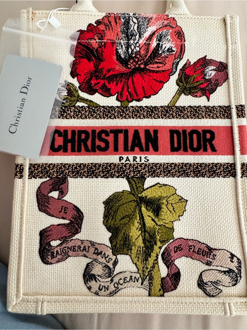 Christian Dior Canvas Book Tote with Red Floral Print
